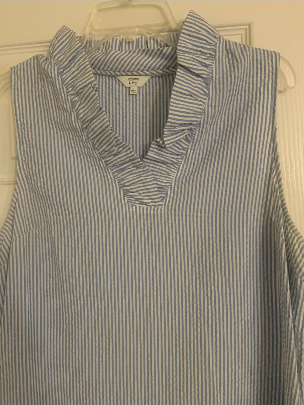 crown & ivy Blue and White Striped Ruffle V-Neck Sleeveless Dress - Picture 2 of 4